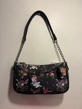 Ed Hardy Tattoo Print Shoulder Bag with gothic charms NEW RELEASE black